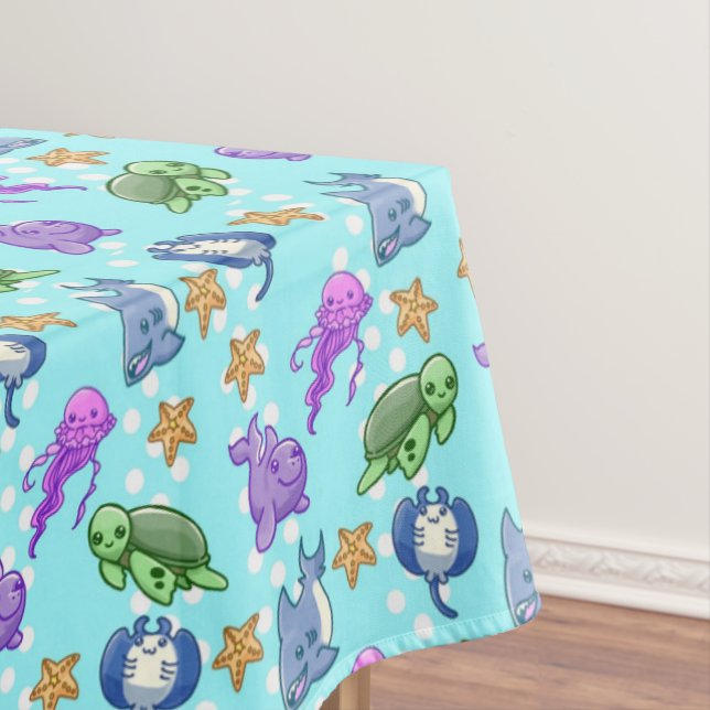 Cute Kids Ocean Sea Life Starfish Octopus Turtle Tablecloth (In Situ)