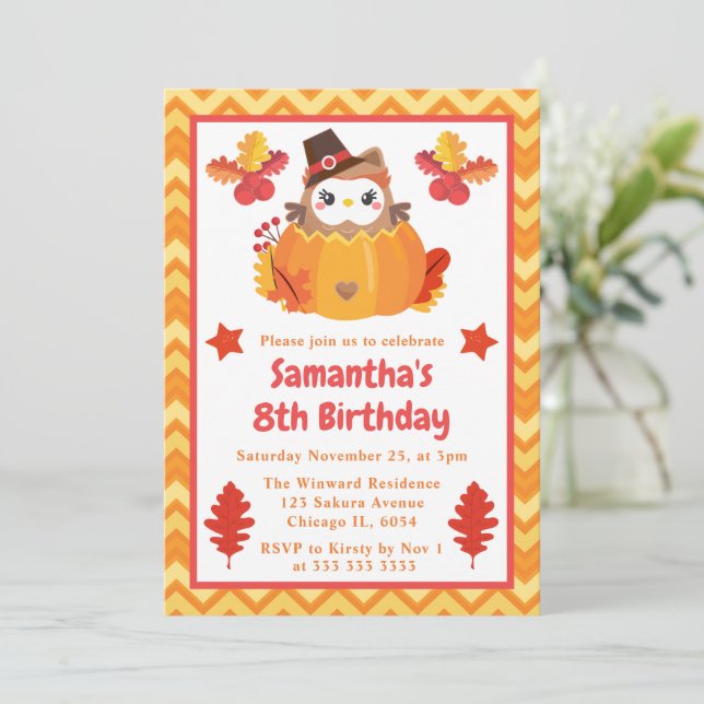 Cute Kids Owl and Pumpkin Fall Birthday Party Invitation (Standing Front)