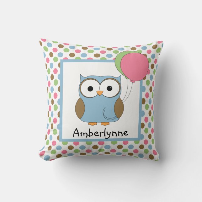 Cute Kid's Personalised Owl w/ Balloons Cushion (Front)