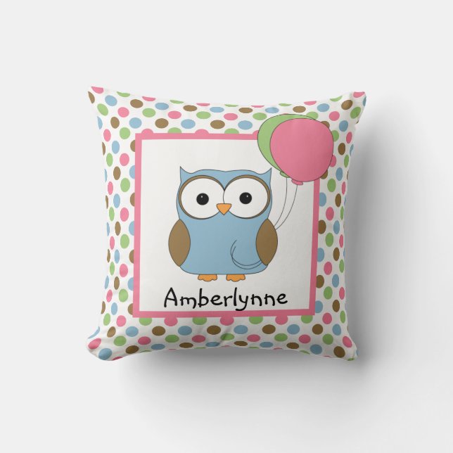 Cute Kid's Personalised Owl w/ Balloons Cushion (Front)