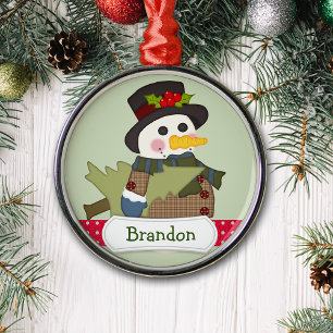 Cute Kids Personalised Snowman Metal Ornament