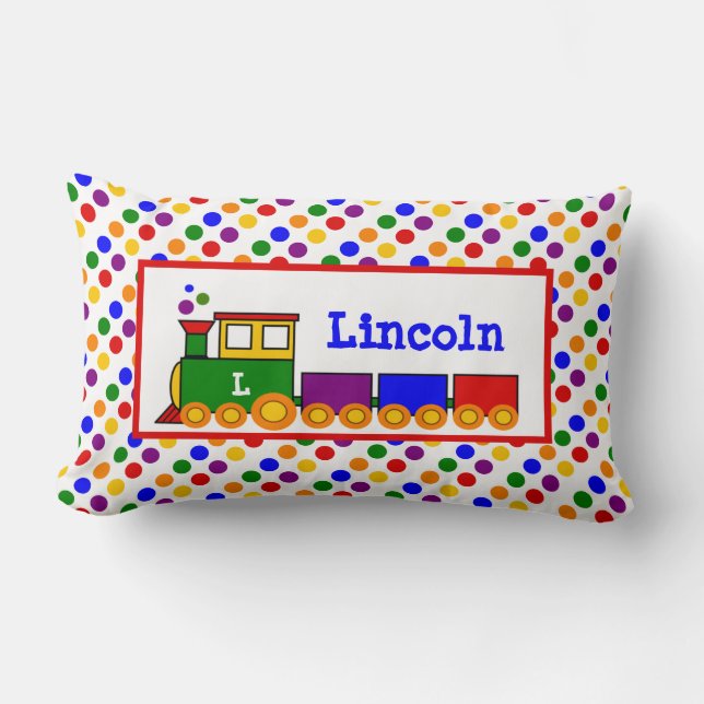 Cute Kid's Personalised Toy Train on Polka Dots Lumbar Cushion (Front)