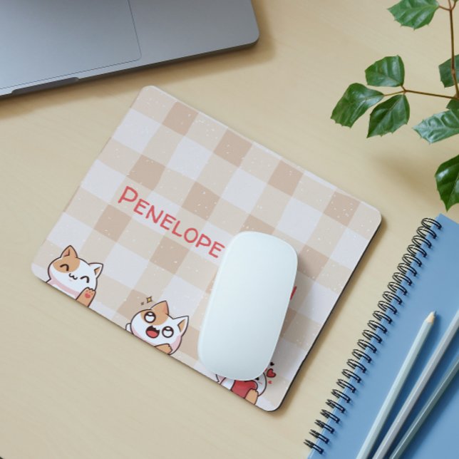 Cute Kids Personalizable Name Manga Cartoon Cat Mouse Pad (Creator Uploaded)