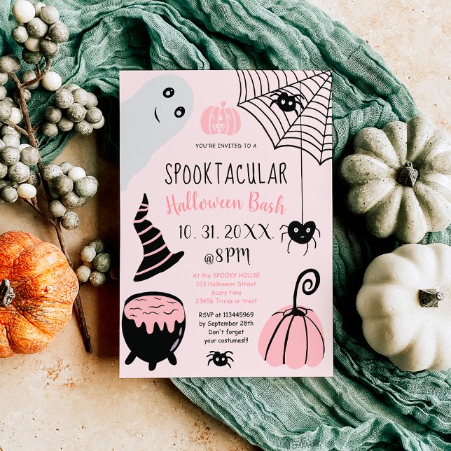 Cute kids pink Halloween illustrations party Invitation (Cute kids pink Halloween illustrations party Invitation)