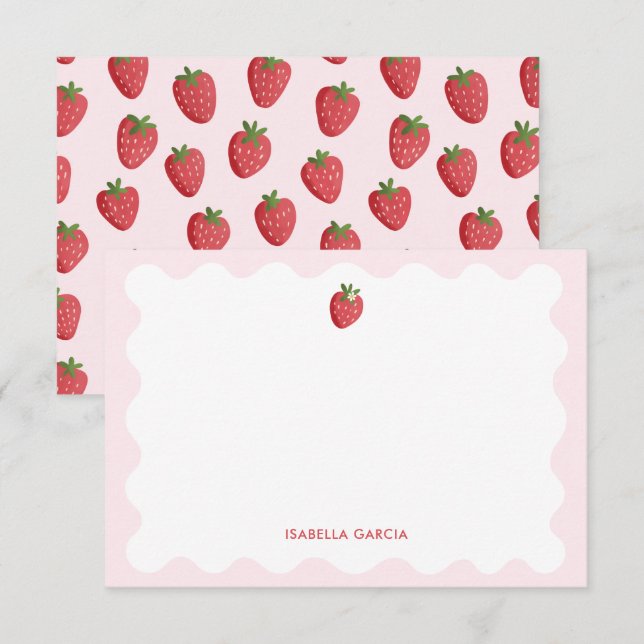 Cute Kids Pink Strawberry Personalised Note Card (Front/Back)