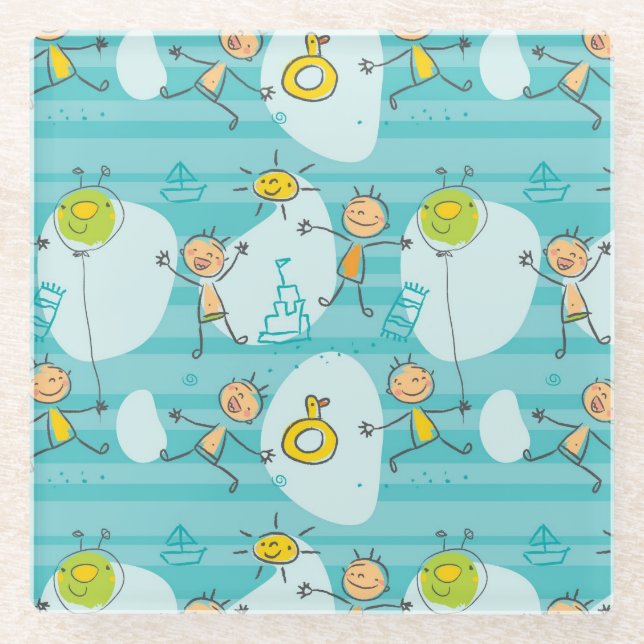 Cute kids playing on the beach pattern glass coaster (Front)