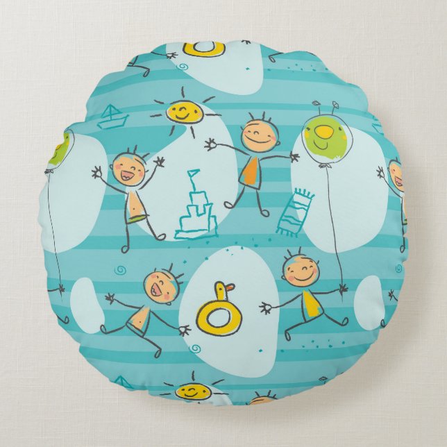 Cute kids playing on the beach pattern round cushion (Front)