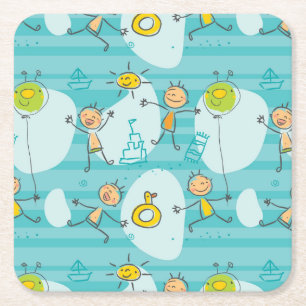 Cute kids playing on the beach pattern square paper coaster