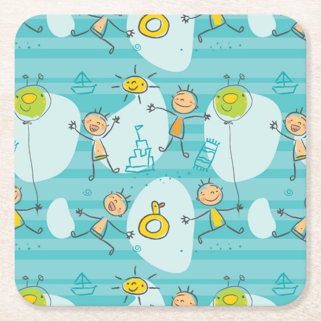 Cute kids playing on the beach pattern square paper coaster (Front)