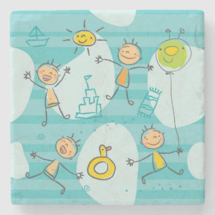 Cute kids playing on the beach pattern stone coaster