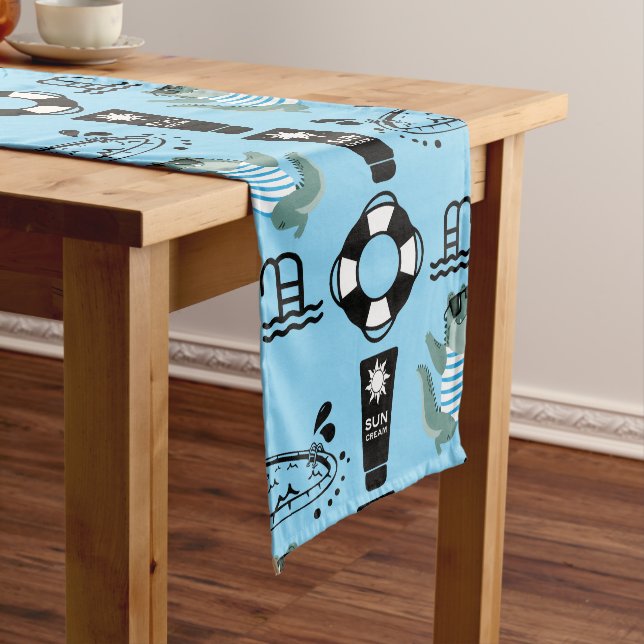 Cute Kids Pool Birthday Party invite Long Table Runner (In Situ)