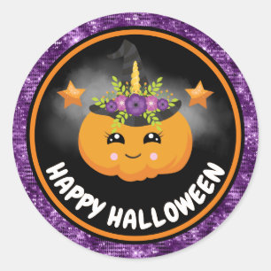 Cute Kids Pumpkin & Purple Glitter Happy Halloween Classic Round Sticker