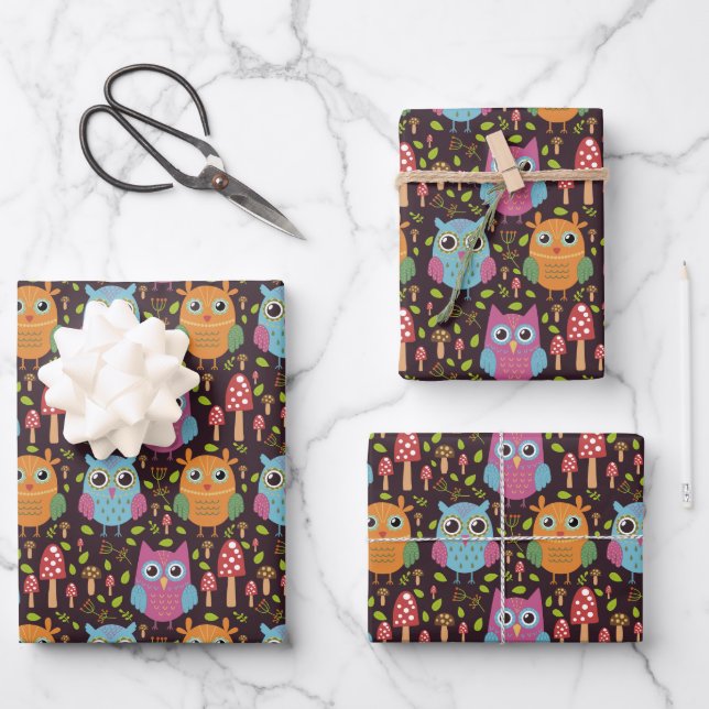 Cute Kids Purple Blue Orange Owls Wrapping Paper Sheet (Front)