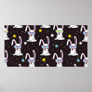 Cute kids rabbit pattern. Colorful rabbit, stars w Poster
