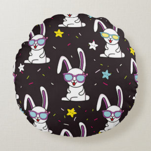 Cute kids rabbit pattern. Colourful rabbit, stars Round Cushion