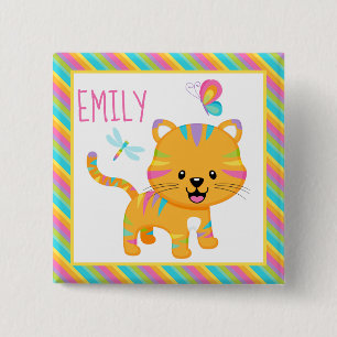 Cute Kids Rainbow Tiger & Colourful Stripes Patter 15 Cm Square Badge