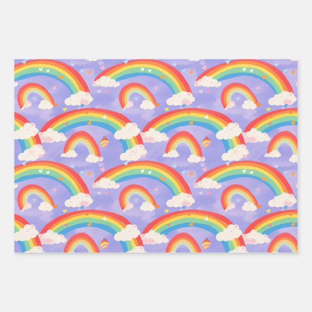 Cute Kids Rainbows and Clouds Repeating Pattern Wrapping Paper Sheet (Front)