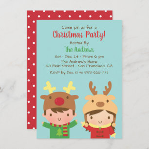 Cute Kids Reindeer Antlers Hats Christmas Party Invitation