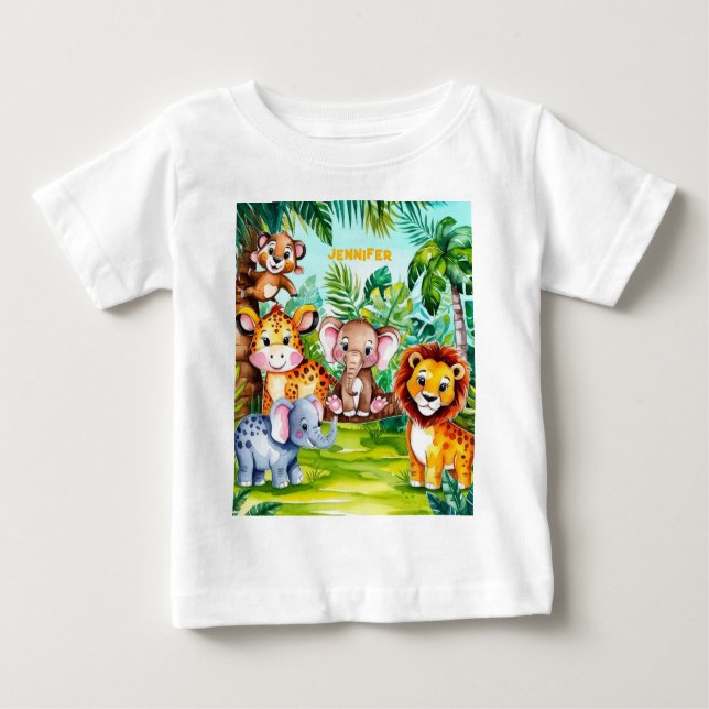 Cute Kids Safari Jungle Animals Personalised Name Baby T-Shirt (Front)