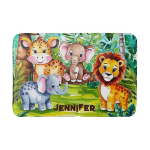 Cute Kids Safari Jungle Animals Personalised Name Bath Mat