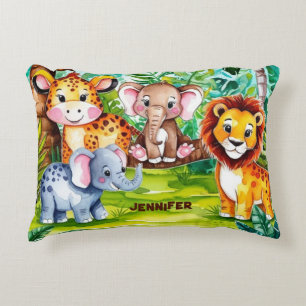 Cute Kids Safari Jungle Animals Personalised Name Decorative Cushion