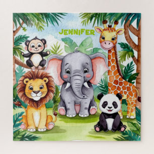Cute Kids Safari Jungle Animals Personalised Name Jigsaw Puzzle