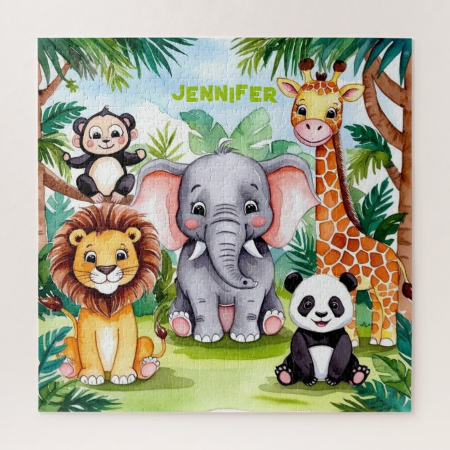 Cute Kids Safari Jungle Animals Personalised Name Jigsaw Puzzle (Vertical)