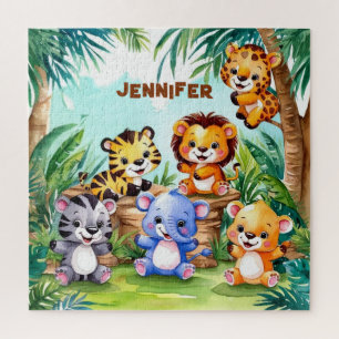Cute Kids Safari Jungle Animals Personalised Name Jigsaw Puzzle
