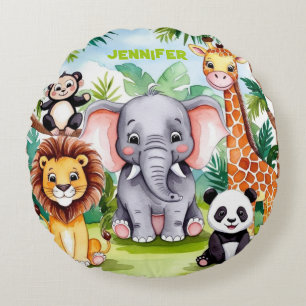 Cute Kids Safari Jungle Animals Personalised Name Round Cushion