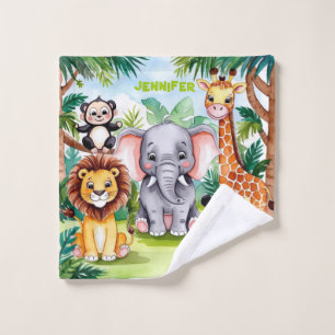 Cute Kids Safari Jungle Animals Personalised Name Wash Cloth