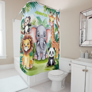 Cute Kids Safari Jungle Animals Personalized Name Shower Curtain