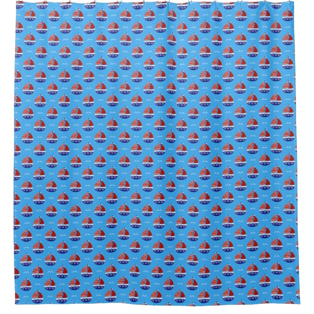Cute Kids Sailboat Pattern Ocean Blue Shower Curtain (Front)