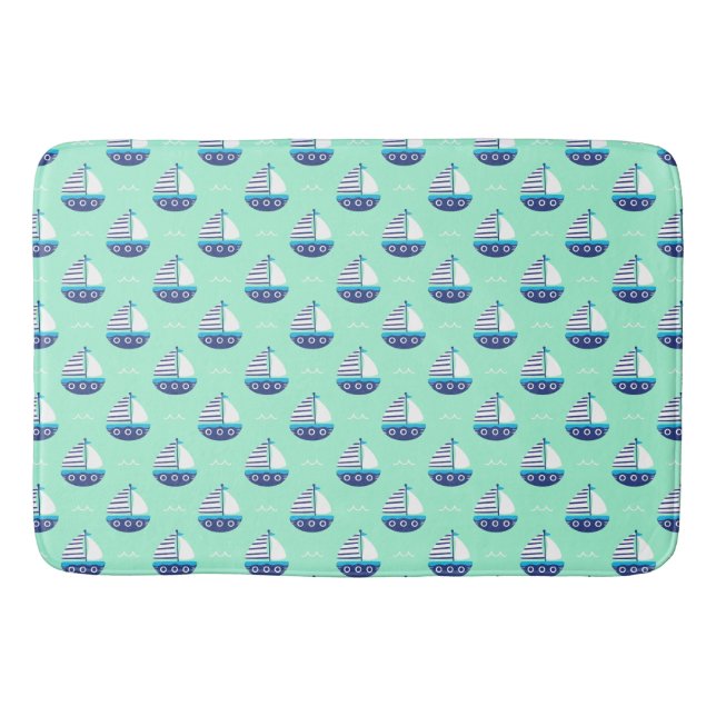 Cute Kids Sailboat Pattern Sea Green Bath Mat (Front)