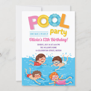 Cute Kids Summer Pool Party Birthday Invitation