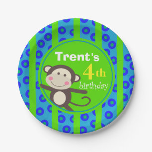 Cute Kids Toy Monkey Birthday Party   blue green Paper Plate