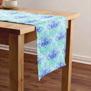 Cute Kids Tropical Blue Ocean Sea Turtle  Short Table Runner