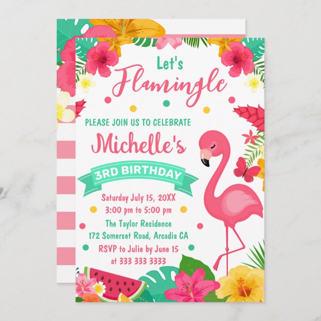Cute Kids Tropical Flamingo Summer Birthday Invitation (Front/Back)