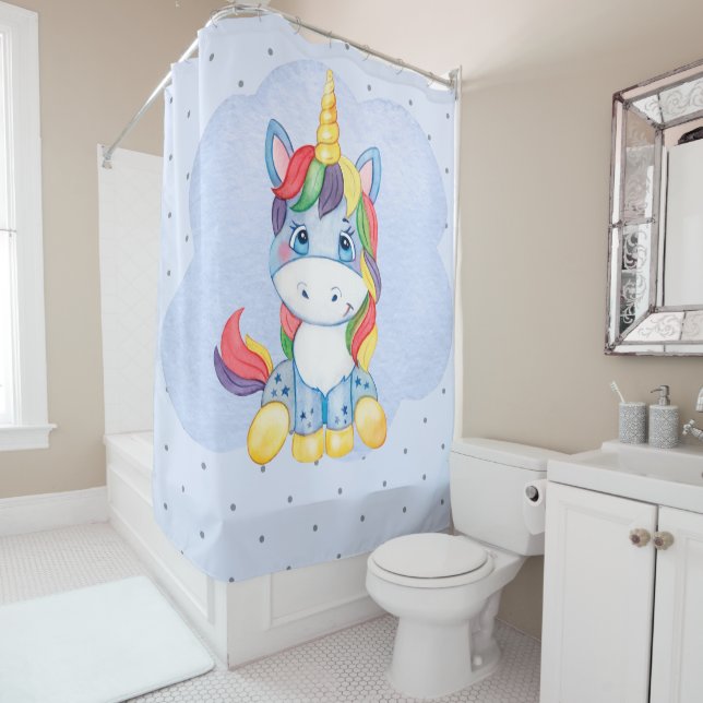 Cute Kids Unicorn Rainbow Hair Baby Blue Shower Curtain (In Situ)