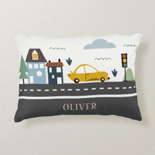 Cute Kids Urban City Vehicle Cars Road Cityscape Decorative Cushion