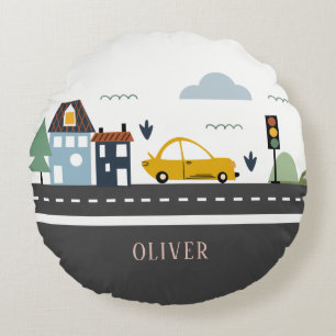 Cute Kids Urban City Vehicle Cars Road Cityscape Round Cushion