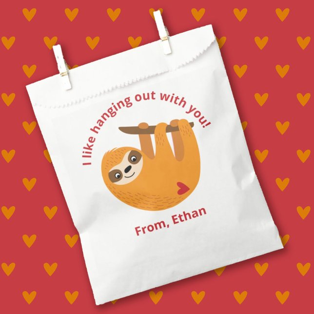 Cute Kids Valentine School Classroom Favour Bag (A cute kids classroom Valentines Day treat bag featuring a cute sloth)