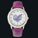 Cute Kid's watch with purple heart and girls name<br><div class="desc">Cute Kid's watch with girly purple heart and childs name. Personalizable wrist watches for boys and girlie girls. Cute personalised Birthday gift idea for children or grandchildren like granddaughter. Elegant script text.</div>
