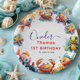 Cute Kids Watercolor Oneder the Sea 1st Birthday Paper Plate
