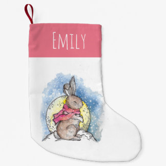 Cute kids winter bunny in the snow pink small christmas stocking