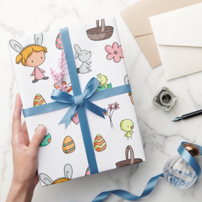 Cute Kids with Bunny Ears Spring Pattern Holiday  Wrapping Paper (Gifting)
