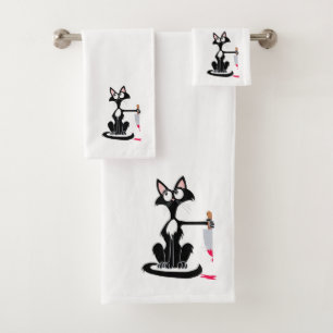 Cute killer cat with a bloody knife bath towel set