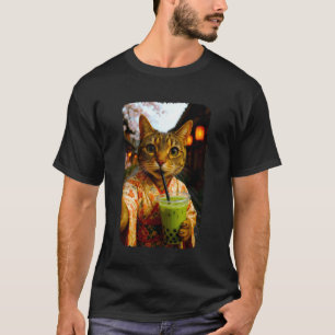 Cute Kimono Cat Selfie Drinking Matcha Bubble Tea T-Shirt