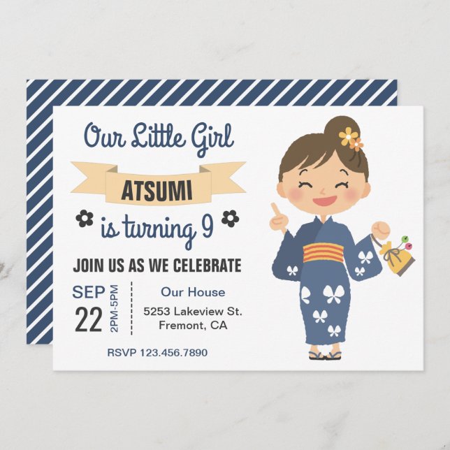 Cute Kimono Japanese Girl Birthday Party Invite (Front/Back)