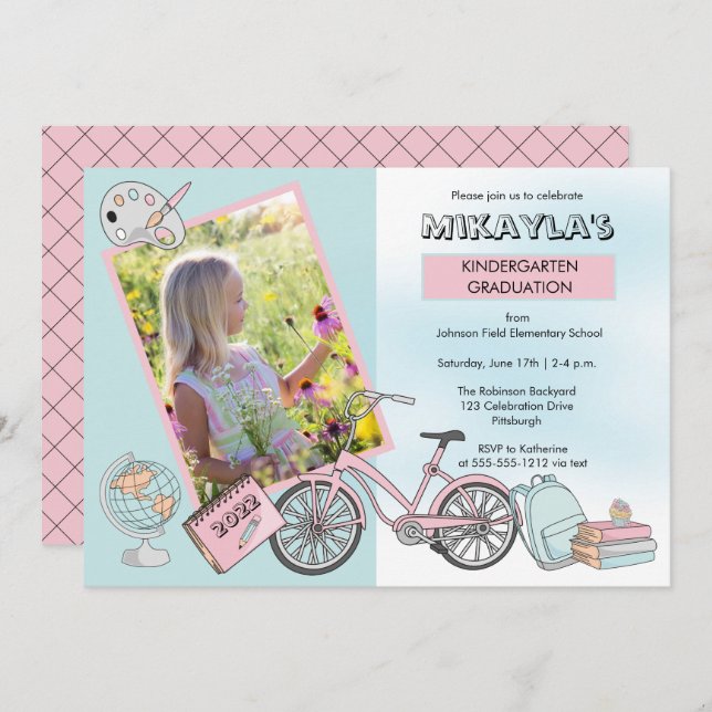Cute Kindergarten Photo Girl Graduation Party Invi Invitation (Front/Back)