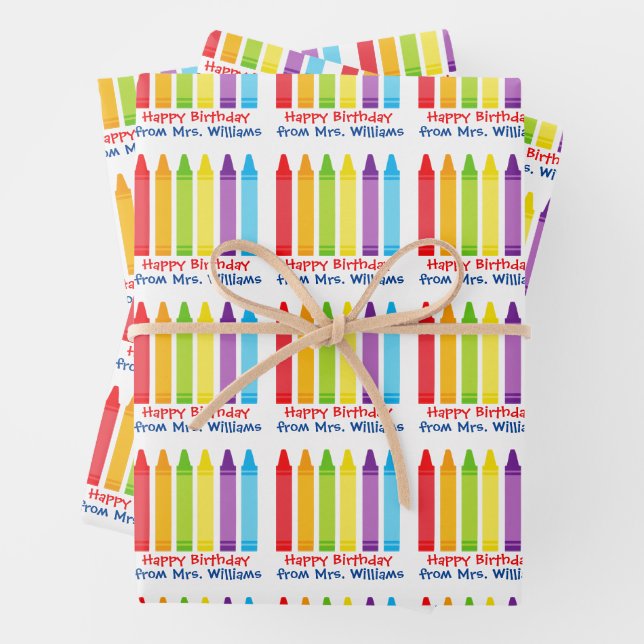 Cute Kindergarten Teacher Custom Crayon Birthday Wrapping Paper Sheet (In situ)